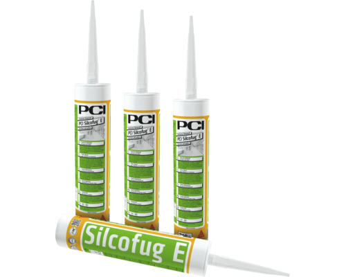 Drei stehende und eine liegende Kartusche PCI Silcofug E Elastischer Dichtstoff für innen und außen.