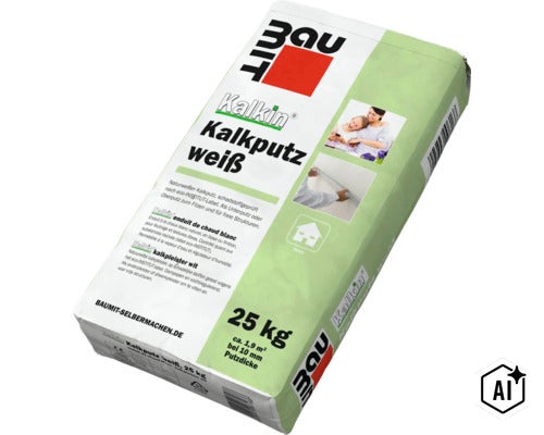 Baumit Kalkin Kalkputz weiss Sack 25 Kilogramm fuer Innenanwendungen. (Image AI modified or generated)