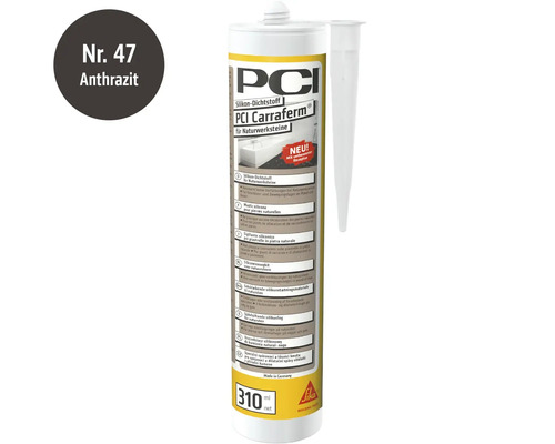 PCI Carraferm Silikon Dichtstoff für Natursteine in der Farbe Anthrazit, 310 Milliliter Kartusche mit Düse.