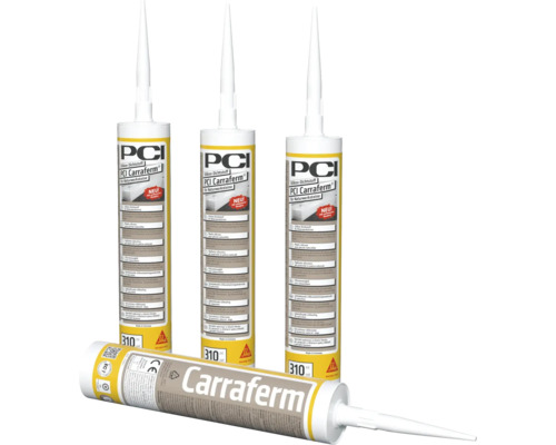 Drei stehende und eine liegende Kartusche PCI Carraferm Naturstein Silikon Dichtstoff mit jeweils 310 Milliliter Inhalt.