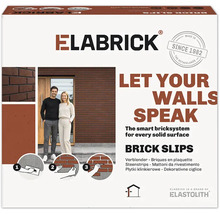 Verpackung von Elabrick Riemchen mit Abbildungen zur Anwendung an einer Hausfassade und illustrierter Verlegeanleitung für Wandverblender.