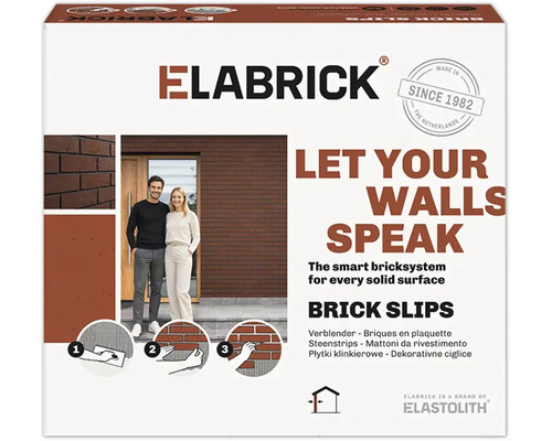 Verpackung von Elabrick Riemchen mit Abbildungen zur Anwendung an einer Hausfassade und illustrierter Verlegeanleitung für Wandverblender.