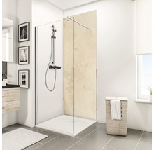 Badezimmer mit Duschkabine, Duscharmatur und Wäschekorb