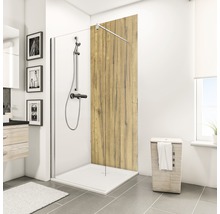 Badezimmer mit Duschkabine, Duschwanne und Holzelement