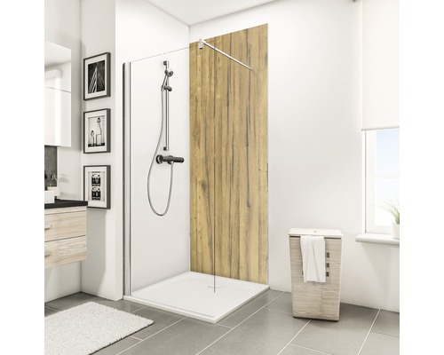 Badezimmer mit Duschkabine, Duschwanne und Holzelement