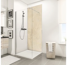 Badezimmer mit Duschkabine, Duscharmatur, Waschbeckenunterschrank, Wäschekorb und Dekoration
