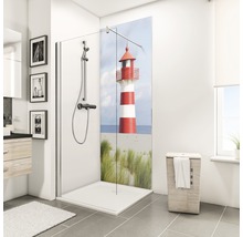 Begehbare Dusche mit Leuchtturm-Design-Rückwand im Badezimmer