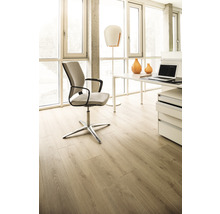 Büro mit Schreibtisch, Bürostuhl und Laminatboden.