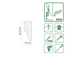 Clip CH23 mit den Massen 38,5 mm mal 15 mm und Anwendungs- und Befestigungshinweisen