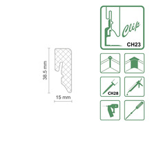 Clip mit den Maßen 38,5 mm x 15 mm und zugehörige Symbole