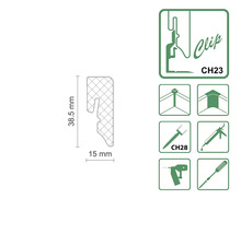 Clip CH23 mit den Maßen 38,5 mm x 15 mm und Anbringungshinweisen