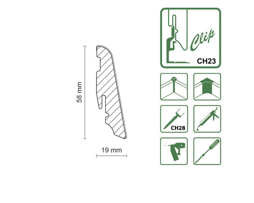 Abmessungen und Montagehinweise für eine Sockelleiste, dargestellt als technische Zeichnung.