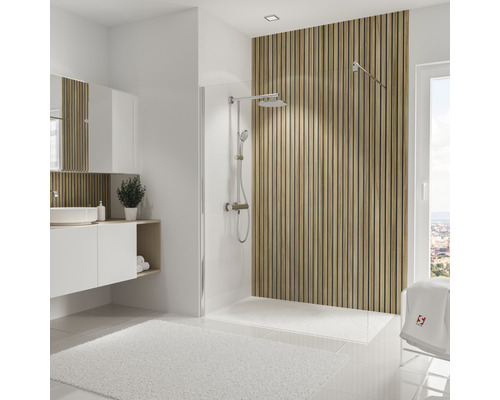 Modernes Badezimmer mit Dusche, Waschbecken und Holzpaneelen