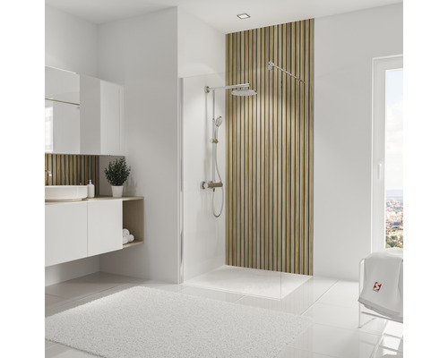 Badezimmer mit Duschkabine, Waschtisch und Holzverkleidung