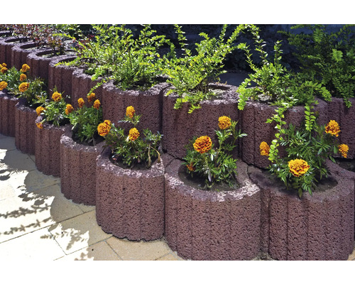 Reihe von Pflanzsteinen mit Blumen und Pflanzen zur Gartengestaltung