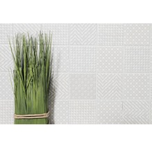 Dekorative grüne Gräser mit hell gemusterten Fliesen im Hintergrund.