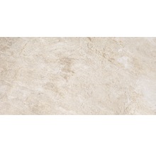 Nahaufnahme einer beigen Steinzeugfliese mit Marmorstruktur.