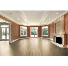 Heller Raum mit Laminatboden, Fenstern, Terrassentür und Kamin