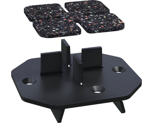 Terrassenplatten-Unterkonstruktion mit Gummigranulat-Pads zur Dämpfung und Stabilisierung.