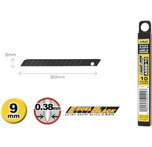 Abbildung eines 80 mm langen und 9 mm breiten Cuttermessers sowie einer 10-teiligen Ersatzklingenpackung