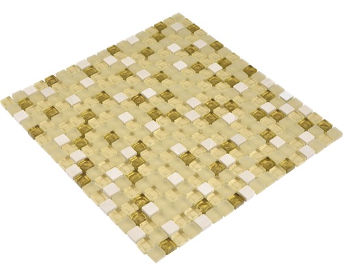 Glasmosaik mit Naturstein XCM M910 30,5x32,2 cm beige/weiß/gold