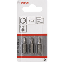 Bosch Logo. Packung mit drei Torx-Bits T15, 25 mm lang, 1/4 Zoll Aufnahme