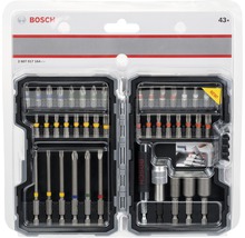 Bosch Logo. 43-teiliges Schrauberbit-Set mit verschiedenen Bits und Haltern in einem transparenten Kunststoffkoffer.