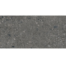 Nahaufnahme einer grauen Feinsteinzeugfliese mit Steinmuster