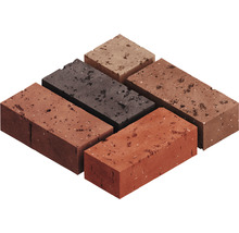 Sechs Pflasterklinker in verschiedenen Farben.