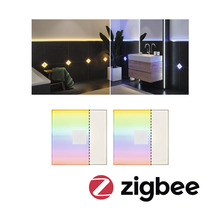 Badezimmer mit installierter Zigbee-Beleuchtung und Zigbee Logo
