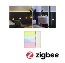 Badezimmer mit quadratischen LED-Wandleuchten und Zigbee Logo