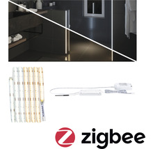LED-Streifen im Badezimmer, zusammengerollt und Netzteil, Zigbee Logo