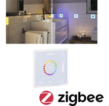 Raumszene mit Paulmann Lichtsteuerung und Zigbee Logo.