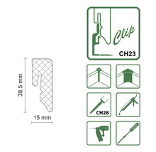 Clip CH23 mit Maßangaben und Montagesymbolen