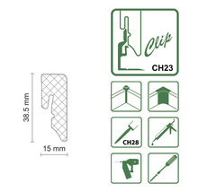 Darstellung der Maße 38,5 mm und 15 mm, des Clip-Systems CH23 und einiger Symbole zur Montage