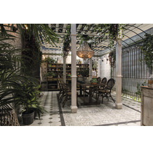 Esszimmer mit Esstisch, Stühlen, Regalen und dekorativen Pflanzen unter einer Pergola.