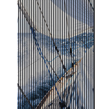 Blick auf ein Segelboot auf dem Wasser, verdeckt von vertikalen Linien