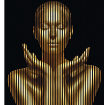 Dekorative Darstellung einer stilisierten, goldenen Frauengestalt mit vertikalen Linien.