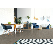 Wohnraum mit Laminatboden, Esstisch, Stühlen, Sofa und Dekoration