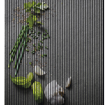 Küchenszene mit Knoblauch, Kräutern und Gewürzen auf dunklem Hintergrund