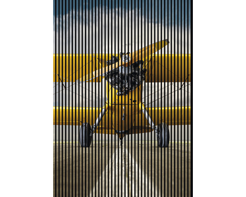 Gelbes Flugzeug mit Propeller und Rädern durch ein Gitter betrachtet