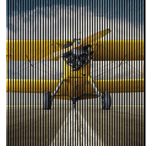 Gelbes Doppeldeckerflugzeug mit senkrechten schwarzen Linien