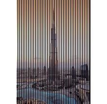 Illustration des Wolkenkratzers Burj Khalifa hinter vertikalen Linien