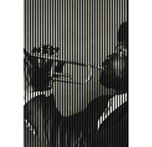 Ein Mann spielt Trompete vor einem gestreiften Hintergrund.