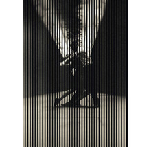 Ein stilisiertes Bild mit einem vertikal gestreiften Filter zeigt eine stehende Person, die eine Tasche hält.