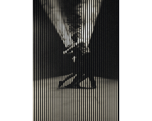 Ein stilisiertes Bild mit einem vertikal gestreiften Filter zeigt eine stehende Person, die eine Tasche hält.