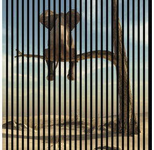 Illustration eines Elefanten, der auf einem Baum sitzt, hinter vertikalen Streifen