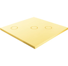 Gelbe Duschwanne mit drei kreisförmigen Abflüssen