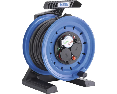Blaue Kabeltrommel mit schwarzem Kabel und HEDI Logo
