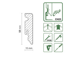 Abmessungen und Montagehinweise für eine Zierleiste mit einer Höhe von 58 Millimeter und einer Breite von 15 Millimeter